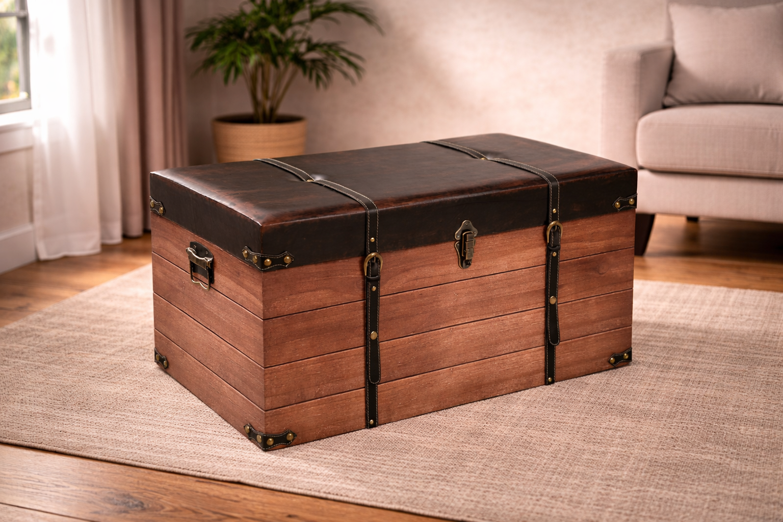 BAÚL MADERA CORREAS TAPA ACOLCHADA