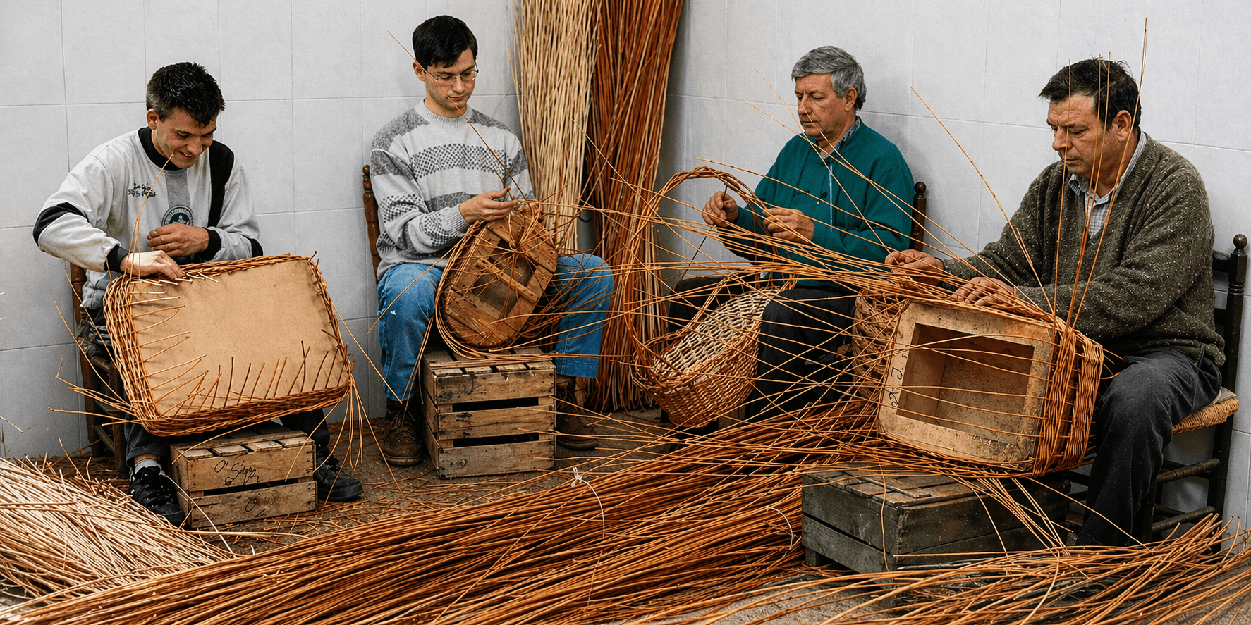 Artesano construyendo una cesta en el taller